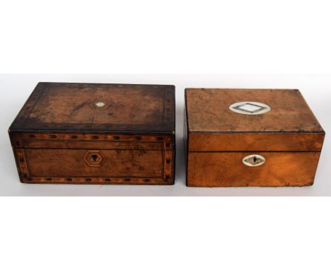 A walnut and mother of pearl inlaid work box 21.5 x 30 x 15cmH together with a walnut writing slope, interior removed 23 x 35
