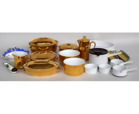 A selection of ceramic tableware, including a coffee pot, two souffle dishes, a cream jug and a casserole dish from the Royal