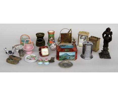 A mixed lot including a selection of small ceramic figurines (10), a brass letter opener in a stand, a Bentima mantel clock, 