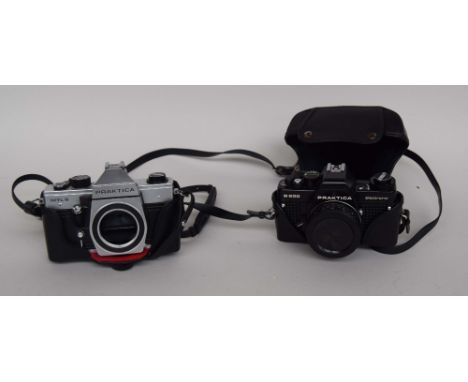 Three Praktica 35mm camera bodies: MTL5, LTL 3 and BC1 together with a Praktica MTL 5 35mm camera body in carry case together