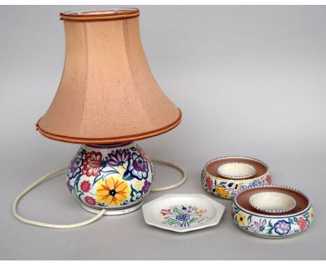 A selection of Poole pottery in the CS pattern, a table lamp, two posy ring planters and a small shallow dish