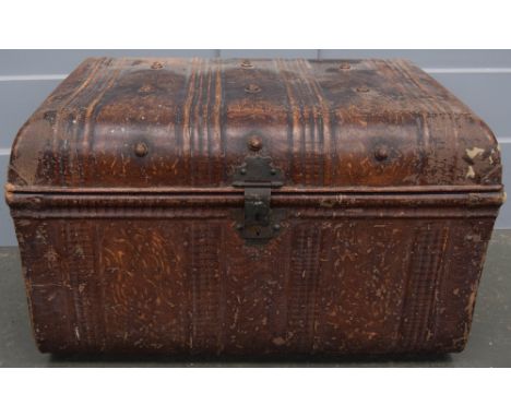 A vintage metal travel trunk with blue interior and side handles 43 x 70 x 45cmH