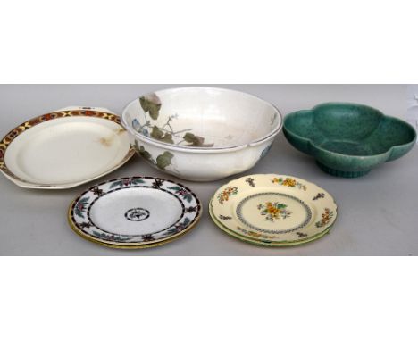 A selection of ceramic dinnerware, including two serving trays by JG Meakin, four dinner plates, two of the 'Badminton' patte