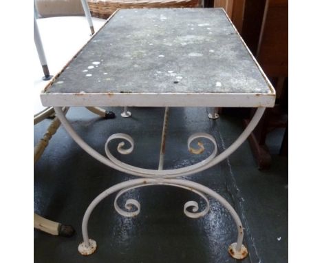 A white cast iron garden table, 77 x 42 x 49cmH, and a teal cast iron plant stand, 77cmH, together with a painted ceramic gar