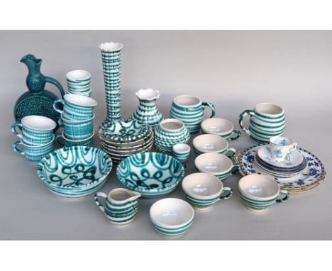 A selection of Munder Keramik green and white striped ceramic ware with others