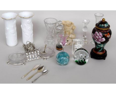 A selection of glassware and tableware, including two small cut glass vases, 20cmH and 15cmH, three paperweights, two matchin