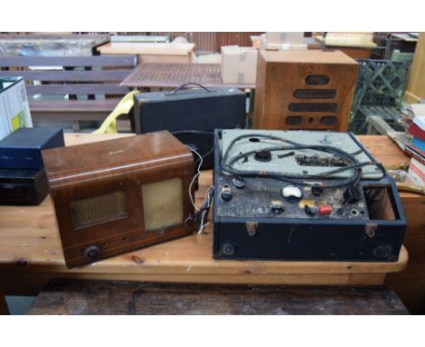 A vintage Philco radio with valves, a vintage Bulcin amplifier, a mid 20th century Bradmatic reel-to-reel with leather handle