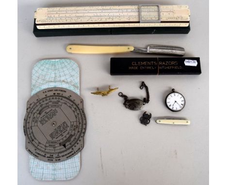A mixed lot, including a vintage wooden slide rule by AG Thornton Ltd, a US Army Felsenthal Type E-6B Dead Reckoning computer