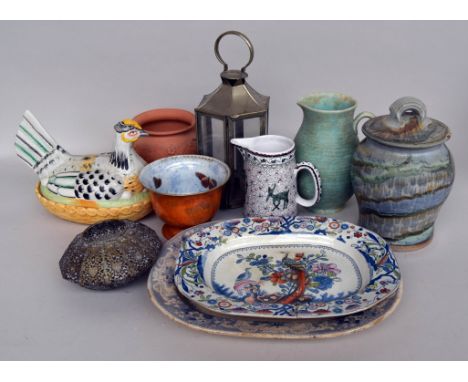 A quantity of ceramics, including two trays, 41 and 37cmL, four pottery vases or jugs, ranging in size from 16 to 30cmH, a li