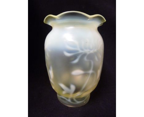 John Walsh Walsh - an Arts and Crafts vasaline glass lamp shade, ovoid with frilled rim, moulded with poppy type flowers, bud