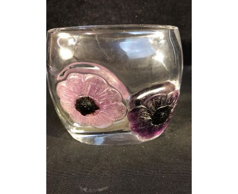 Daum - a Coppelia crystal and pate de verre vase, of ovid section the pate de verre formed as two open flowers in dusky pink 