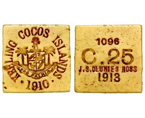 Australia, Keeling and Cocos Islands, plastic ivorine Twenty-Five Cents, 1913, coat of arms centre with inscription KEELING C