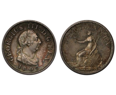 George III (1760-1820), Restrike silver Pattern Farthing, 1807, by W J Taylor, larger laureate and draped bust right, three r