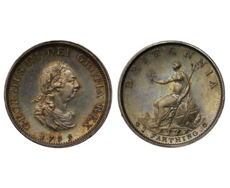 George III (1760-1820), Restrike silver Proof Farthing, 1799, by W J Taylor, laureate and draped bust right, tiny raised dot 