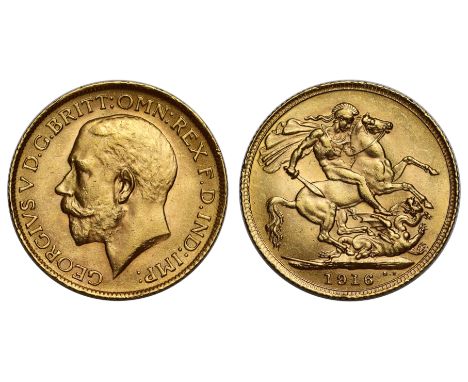 g George V (1910-36), gold Sovereign, 1916, bare head left, BM on truncation for engraver Bertram Mackennal, Latin legend and