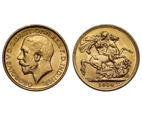 g George V (1910-36), gold Sovereign, 1914, bare head left, BM on truncation for engraver Bertram Mackennal, Latin legend and