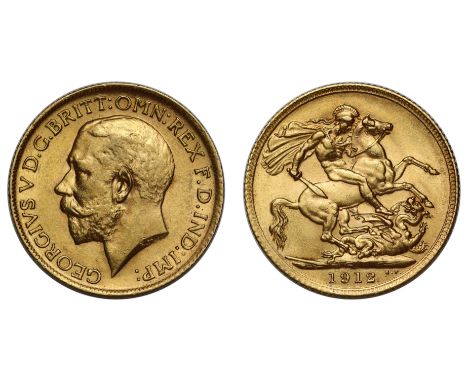 g George V (1910-36), gold Sovereign, 1912, bare head left, BM on truncation for engraver Bertram Mackennal, Latin legend and