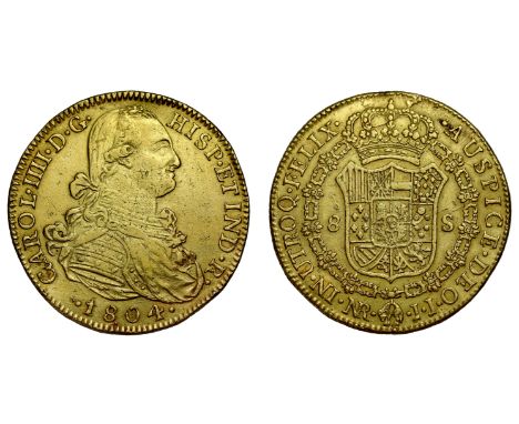 g Colombia, Charles IV (1788-1808), gold 8 Escudos, 1804 NR-JJ, Bogota mint, draped bust right, date below, Latin legend and 
