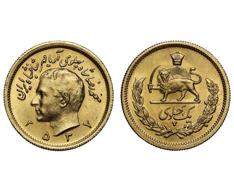 g Iran, Pahlavi Dynasty, Mohammad Reza Pahlavi Shah (SH1320-1358 / 1941-1979), gold Pahlavi, MS 2537, bust left, titles and d
