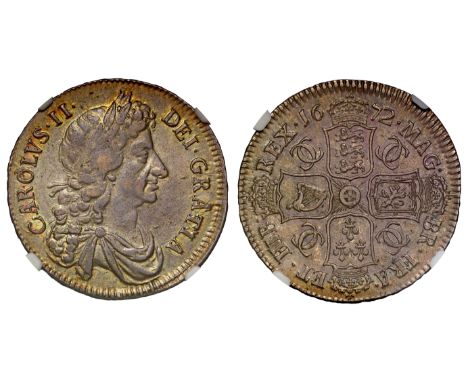 †&nbsp;Charles II (1660-85), silver Halfcrown, 1672, fourth laureate and draped bust right, Latin legend and toothed border s