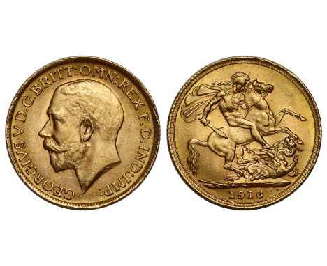 g George V (1910-36), gold Sovereign, 1916, bare head left, BM on truncation for engraver Bertram Mackennal, Latin legend and