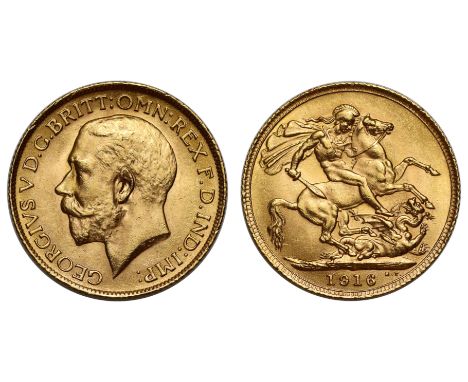 g George V (1910-36), gold Sovereign, 1916, bare head left, BM on truncation for engraver Bertram Mackennal, Latin legend and
