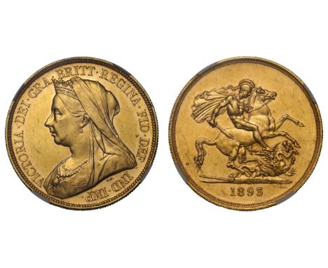 g Victoria (1837-1901), gold Five Pounds, 1893, old veiled bust left, T.B. below truncation for engraver Thomas Brock, Latin 