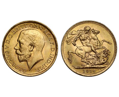 g George V (1910-36), gold Sovereign, 1916, bare head left, BM on truncation for engraver Bertram Mackennal, Latin legend and