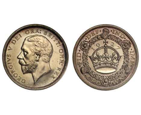 George V (1910-36), silver proof Crown, 1927, Wreath type, bare head left, BM raised on truncation for engraver Bertram Macke
