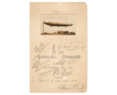 * Airship Menus. A collection of six menus, 1910-29, comprising R 33 Annual Dinner, Pulham September 25th, 1925, signed by 12
