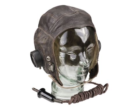 * Flying Helmet. WWII RAF flying helmet, C-Type, brown leather stamped with war department arrow and numbered 22c/880 with AM