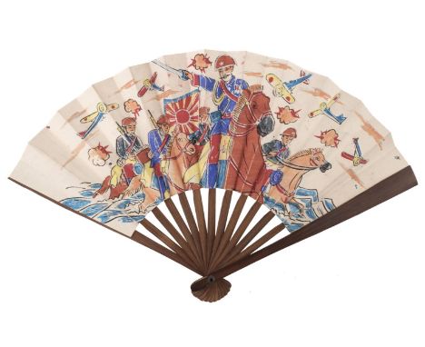 * Japanese Empire. WWII Japanese propaganda fan, 1940s, folding paper fan, the recto printed in black with stencilled colour,