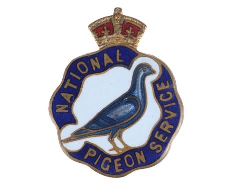 * National Pigeon Service. WWII National Pigeon Service badge by J.R. Gaunt, London, the gilt metal badge with three-tone blu