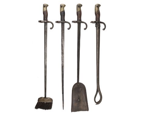 * Companion Set. WWI French Gras bayonet fireside companion set, comprising, poker, tongs, shovel and brush, the tongs clever