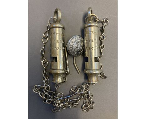 * Police Whistles. Two Hull City Police whistles, both engraved 'The Metropolitan Hull City Police', 8 cm long, each with ori