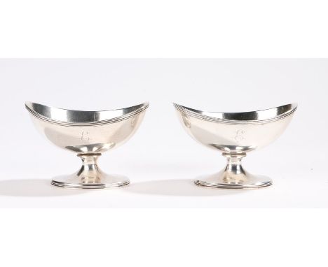 Pair of George III silver salts, London 1802, maker John Emes, of oval form with reeded rims, the bodies with initial E, on w