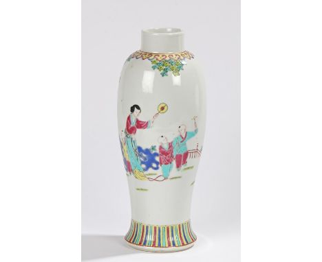 Chinese porcelain vase, 20th Century, with a lady in a garden with children, Canton enamels decorated with character marks to