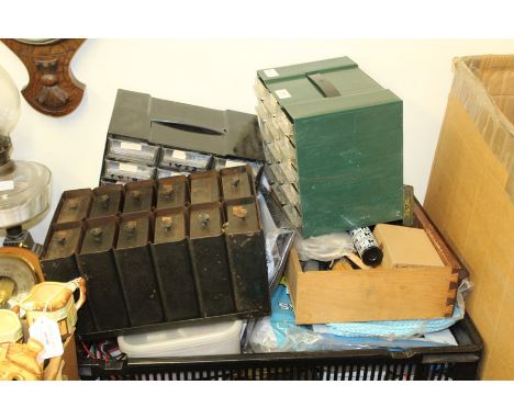 Collection of workshop tools and accessories, to include amp metre, miniature chests of drawers, clock parts etc. (qty)