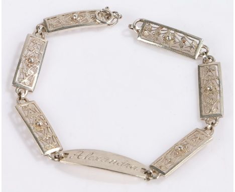Silver filigree bracelet, with central panel engraved Alexandra, stamped 935 to reverse, 6.5g