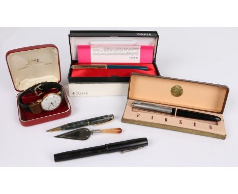 Sekonda gentleman's wristwatch, two Parker fountain pens, Waterman fountain pen with 14ct gold nib, Burnham propelling pencil