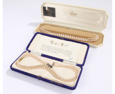 Graduated pearl two strand necklace with sterling silver clasp, Lotus simulated pearl two strand necklace, both housed in ori