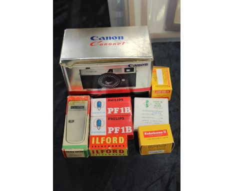 Canon Canonet camera housed in original box, Zeiss Ikon Ikoblitz 4 housed in original box, Ilford Selochrome film, Philips PF