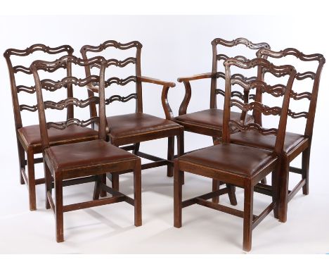 Set of six George III style mahogany dining chairs, each with an arched ladder above the drop in seat and square section legs