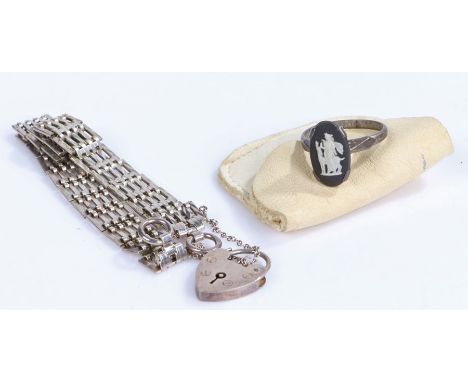 Silver bracelet with heart shaped padlock clasp, sterling silver ring set with a Wedgwood style jasper ware panel depicting a