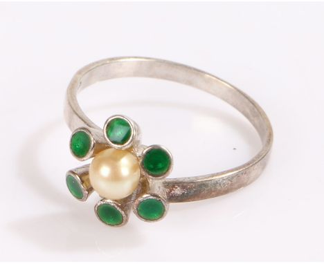Sterling silver ring with central pearl effect bead and green enamel forming a stylised flower head, ring size Q, 2.8g