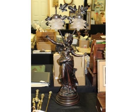 Art Nouveau style reading lamp, with two frosted white glass shades on foliate supports above a figural central section, 78cm