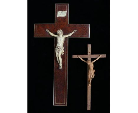 Crucifix with ivory effect Jesus Christ on a maple and brass inlaid cross, 40cm high, carved wooden crucifix, 25.5cm high (2)