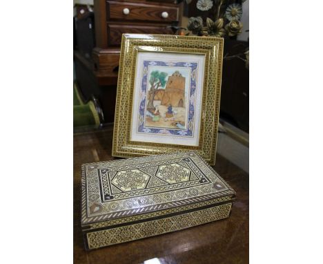 Middle Eastern painted panel, depicting a tower and figural scene, together with a Syrian box, (2)