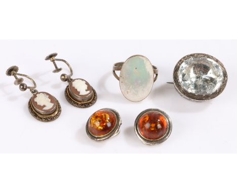 Pair of silver and amber earrings, pair of cameo earrings, silver and mother of pearl set ring, clear paste set brooch (4)