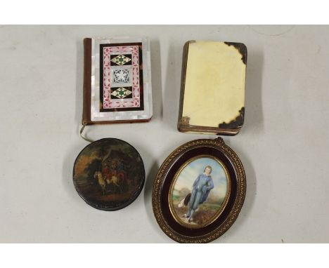 Works or art, to include a 19th Century papier mache snuff box with a scene of figures on horseback, a Book of Common Prayer 